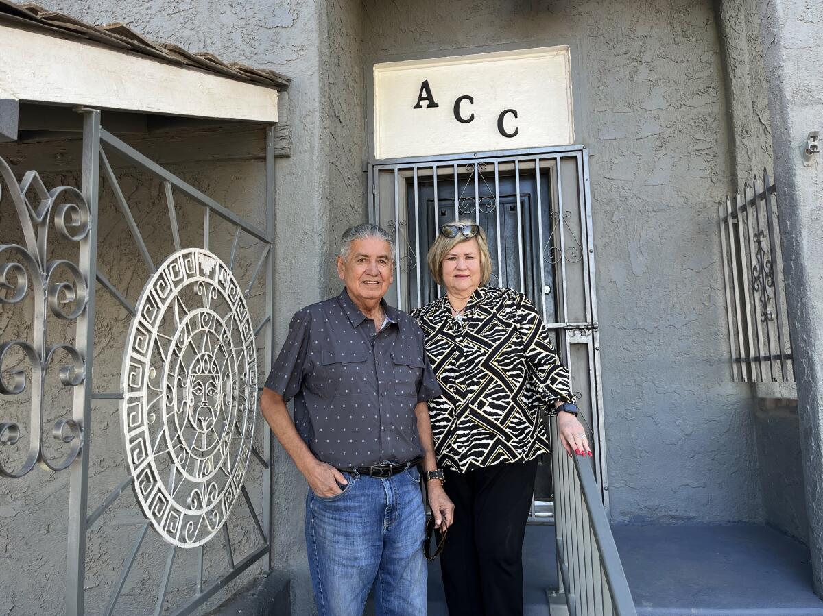 Tony Gallegos and his fiancee, Olga Moreno, outside the Brawley American Citizens Club.