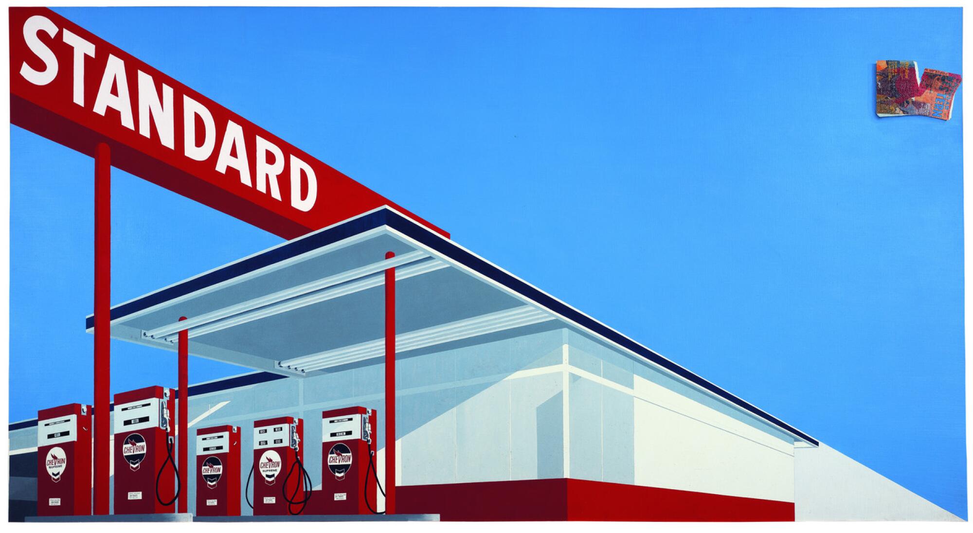 Ed Ruscha, "Standard Station, Ten-Cent Western Being Torn in Half," 1964, oil on canvas.