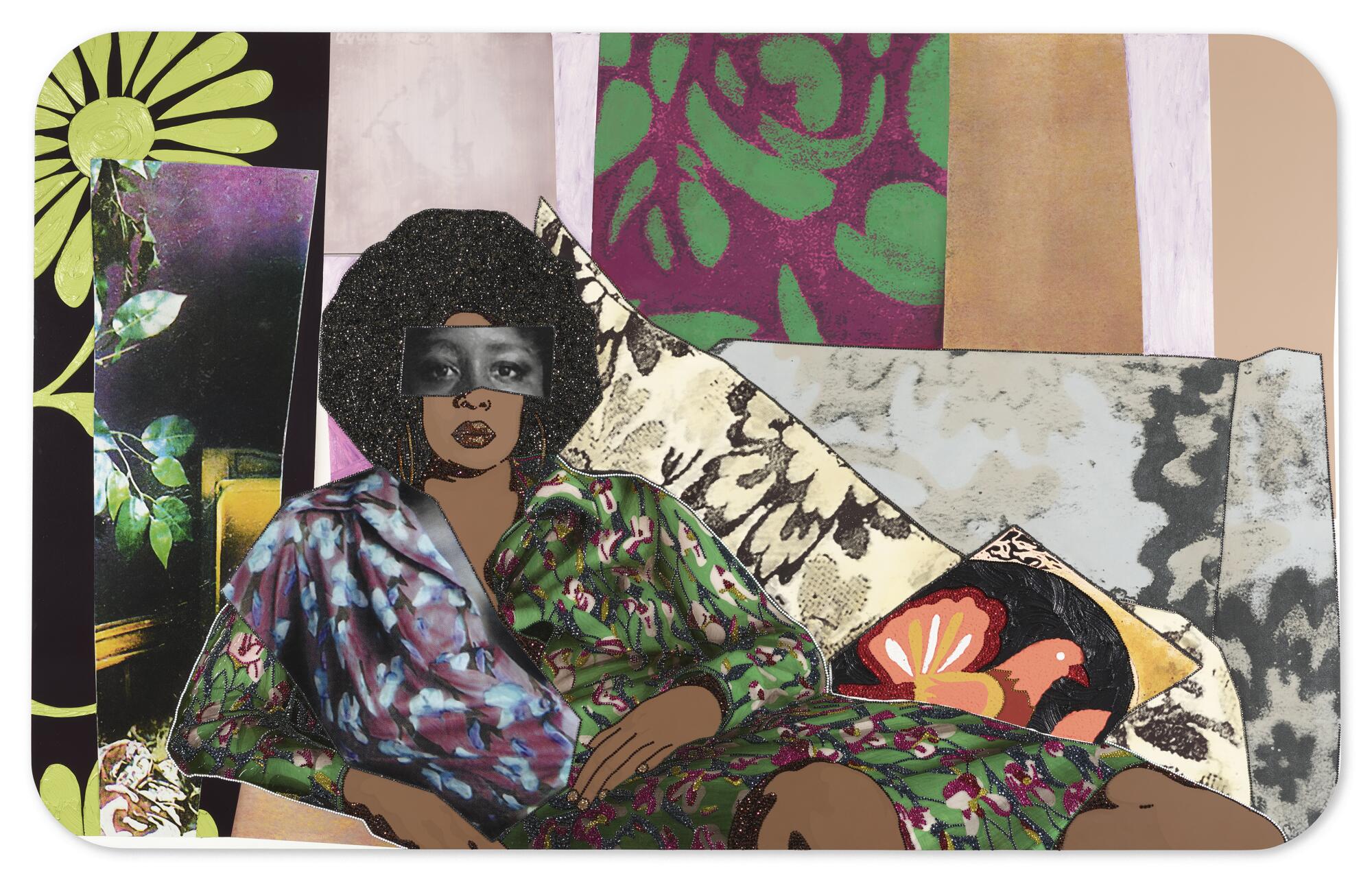 Mickalene Thomas, "Afro Goddess Looking Forward," 2015, rhinestones, acrylic and oil on wood panel.