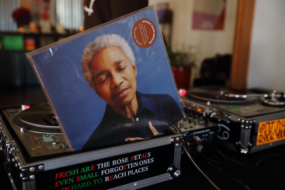 Shot of a vinyl copy of Beverly Glenn-Copeland's 2023 album "The Ones Ahead" at the DJ booth during Saturday's performance.