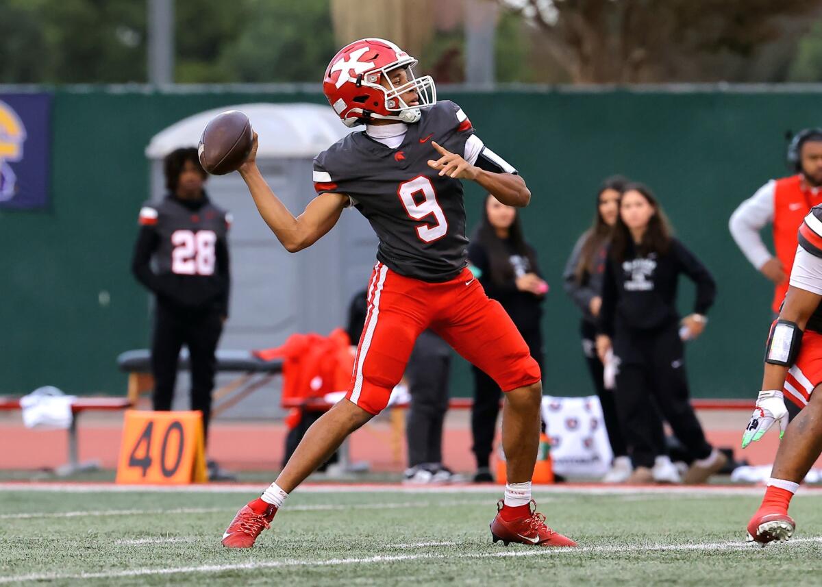 St Pius X-St. Matthias quarterback Jassi Williams unleashes a pass against Sonora in the CIF Division 4-A state bowl game.