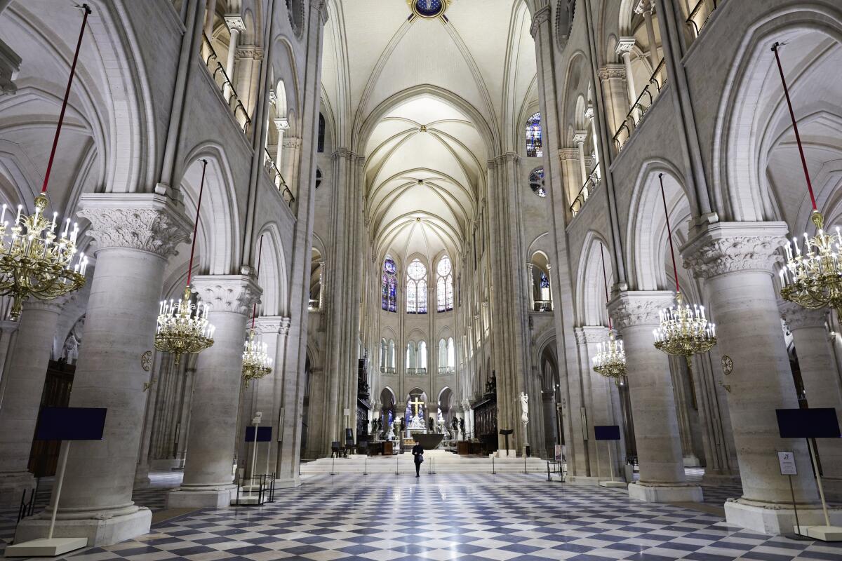 The restored nave of Notre-Dame de Paris cathedral.