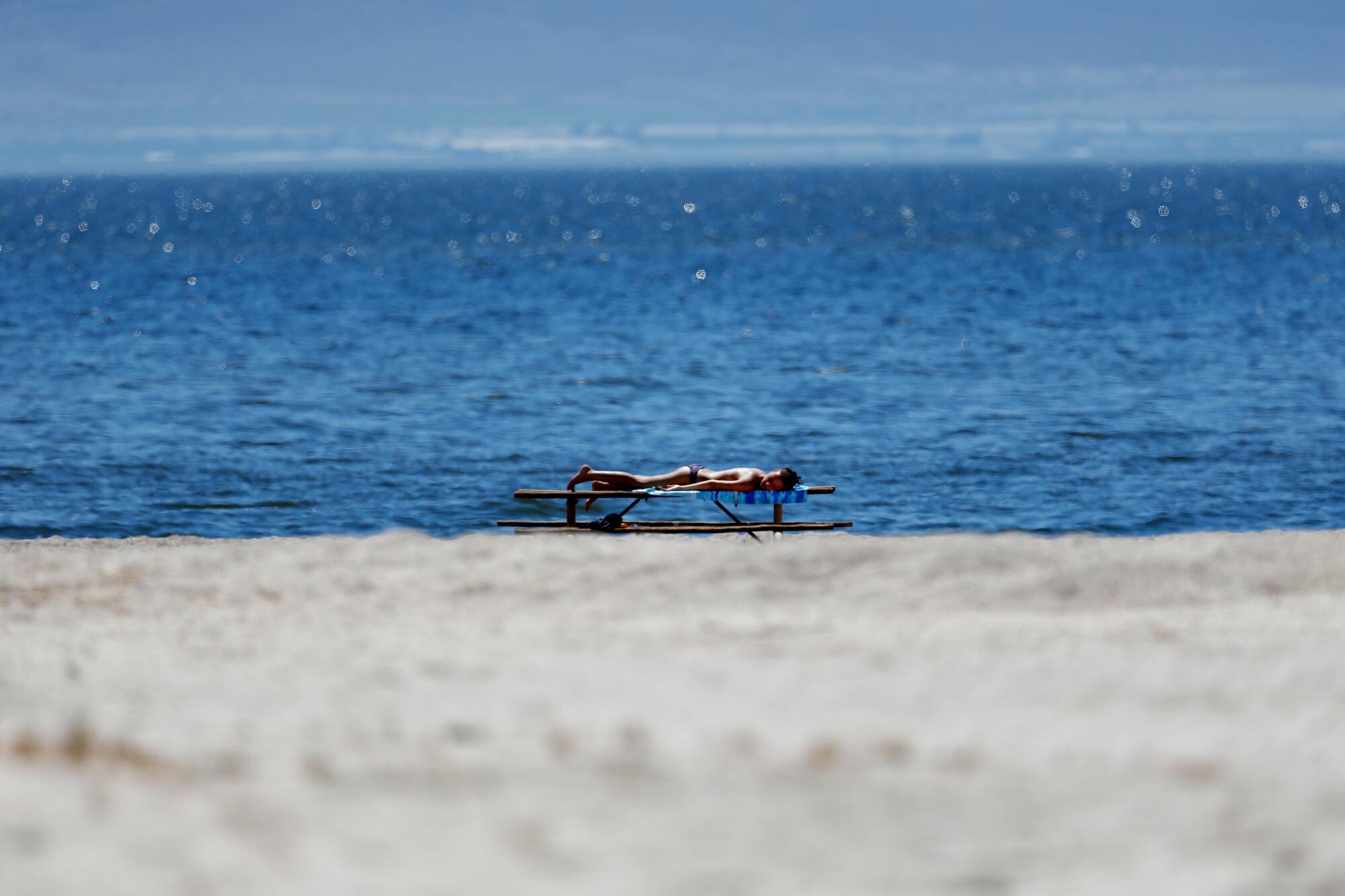 A lone sunbather lies in a reclining chair at the Salton Sea State Recreation Area.