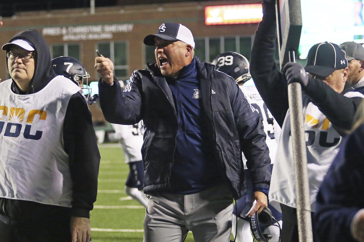 Georgia Southern coach Clay Helton reacts during a game.