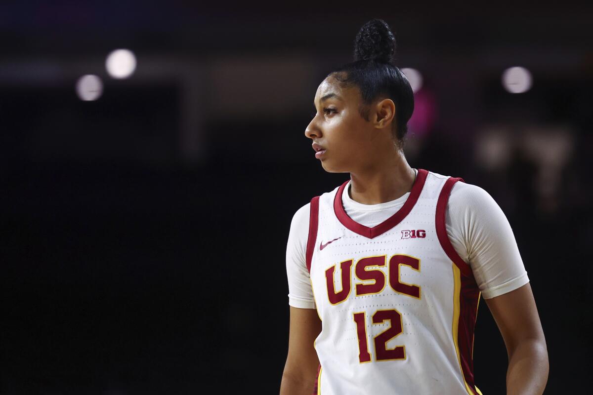 JuJu Watkins looks on during the first half against Fresno State.