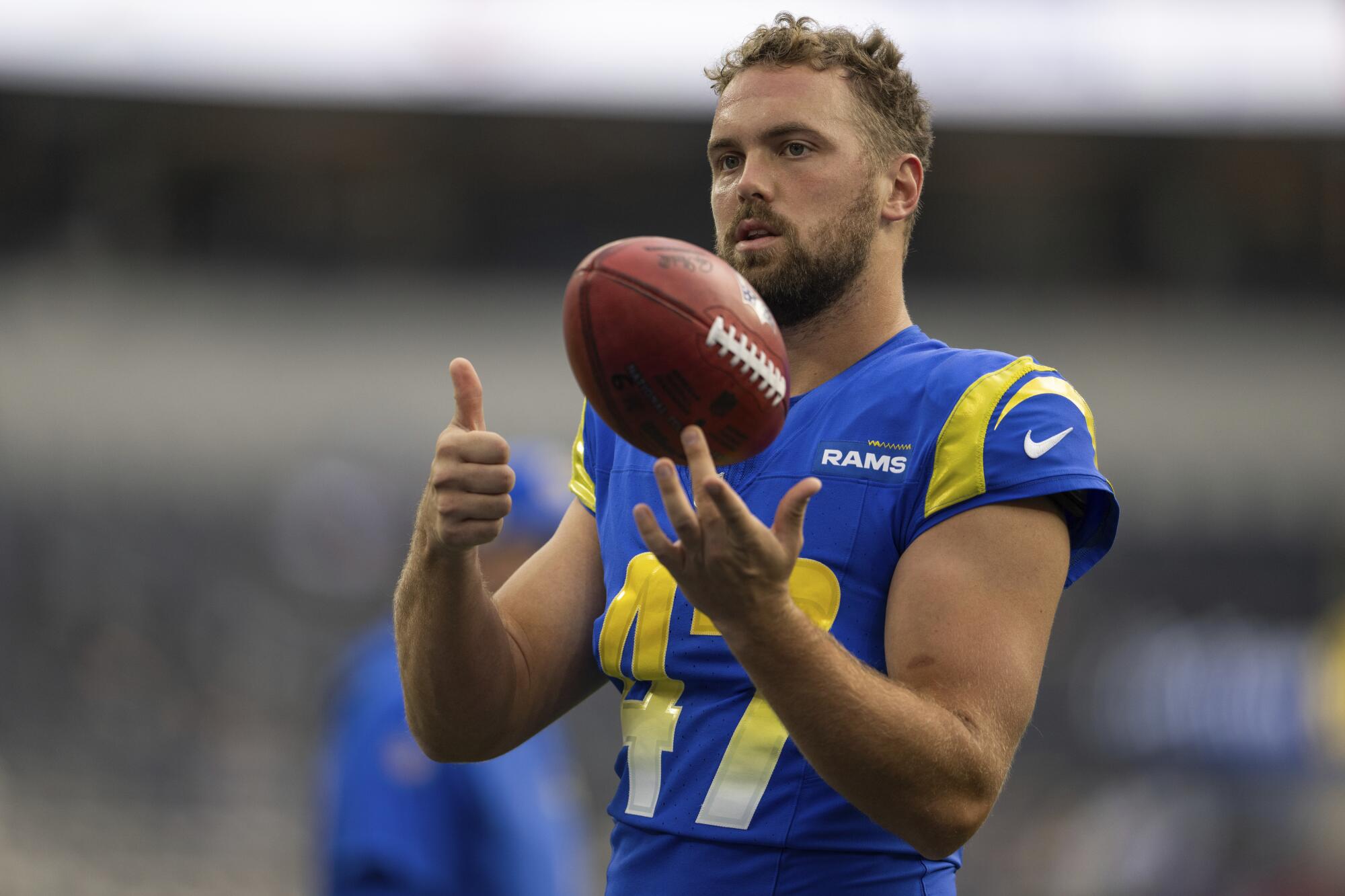 Rams long snapper Alex Ward gestures before a win over the Buffalo Bills at SoFi Stadium on Dec. 8.