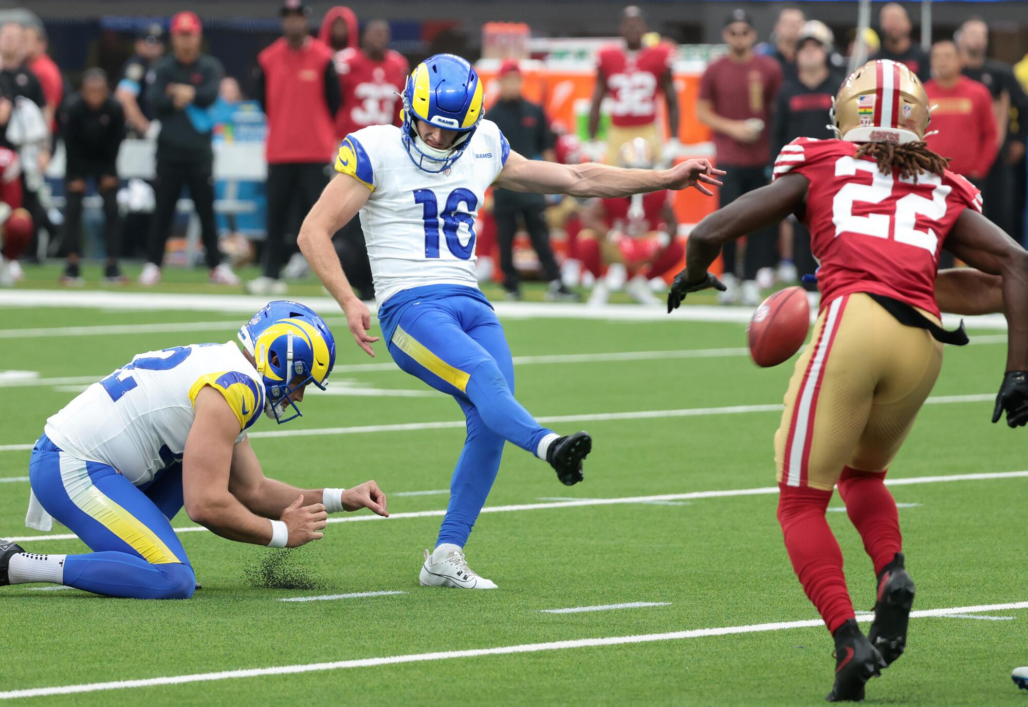 Joshua Karty kicks a field goal against the San Francisco 49ers at SoFi Stadium in September.