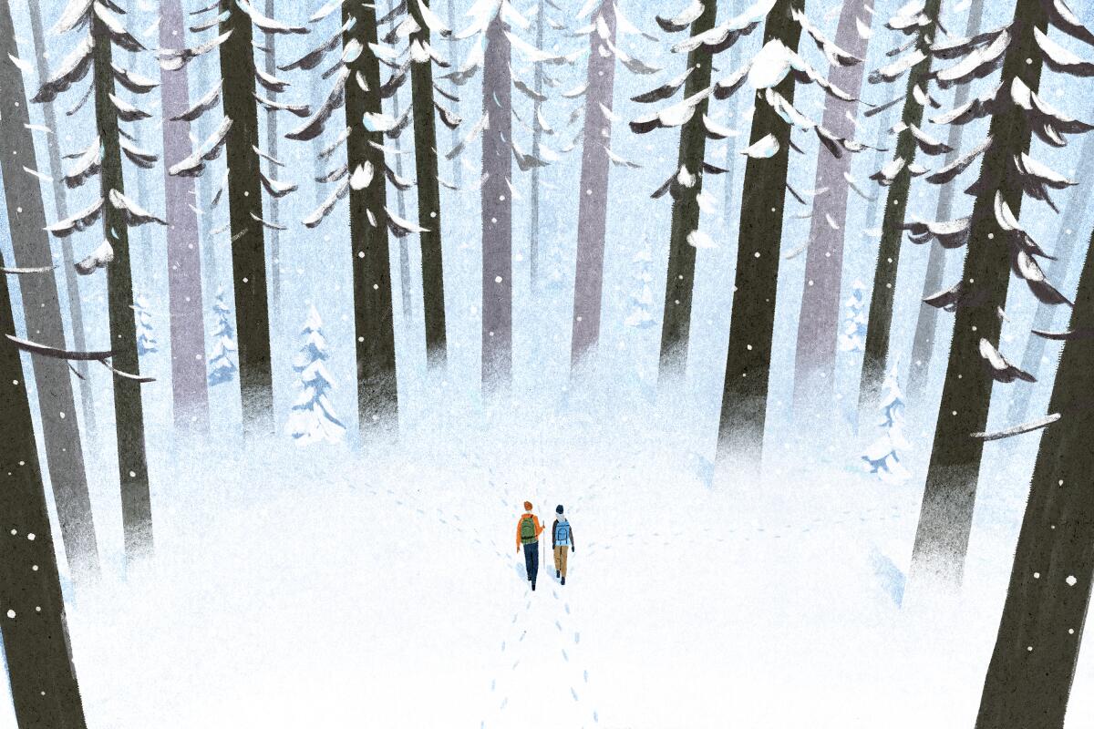 illustration of two people in a snowy clearing surrounded by trees, their footsteps go in several directions