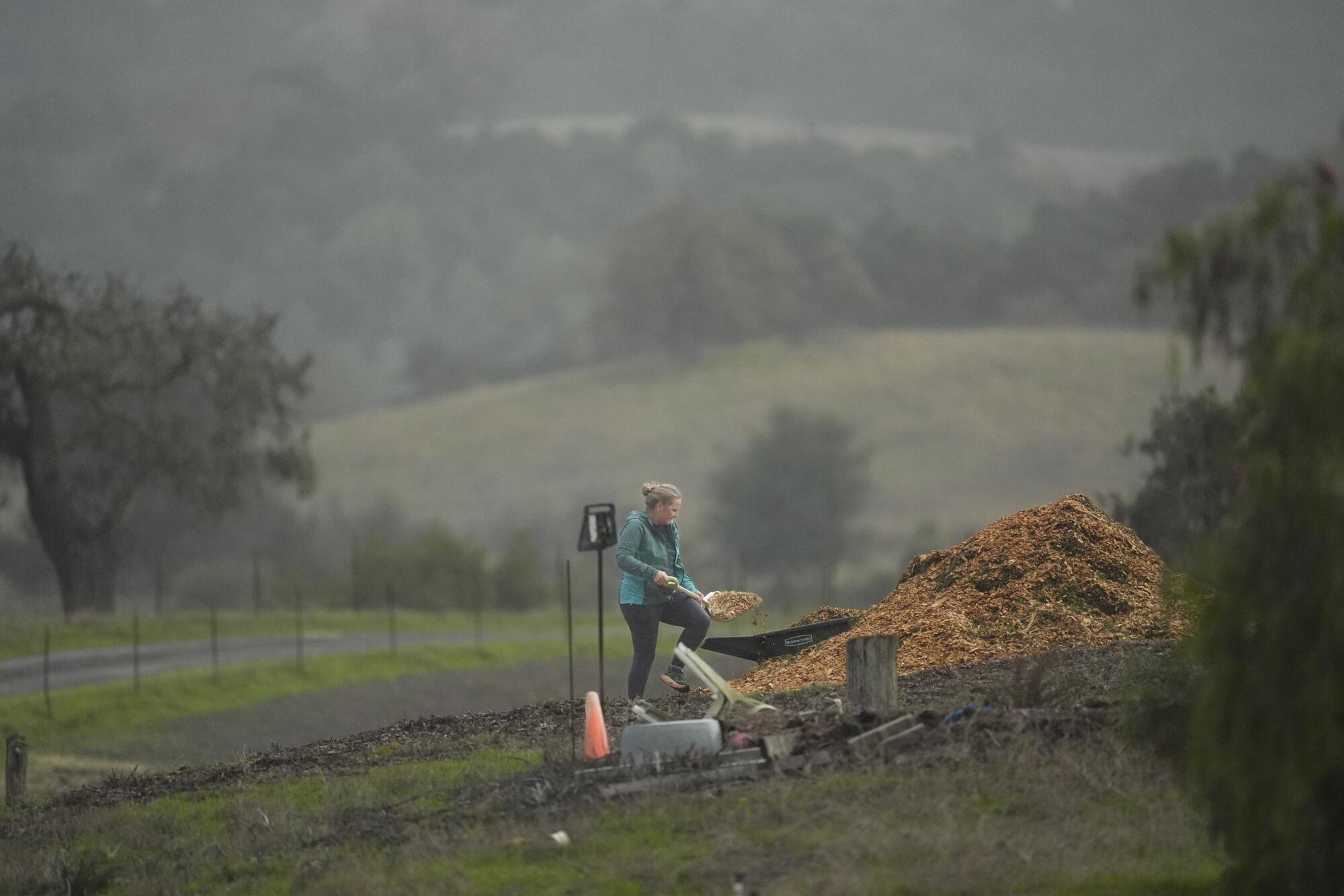 Robin McCreight prepares for the winter by shoveling wood chips to place in the dirt stall for her horse Early.