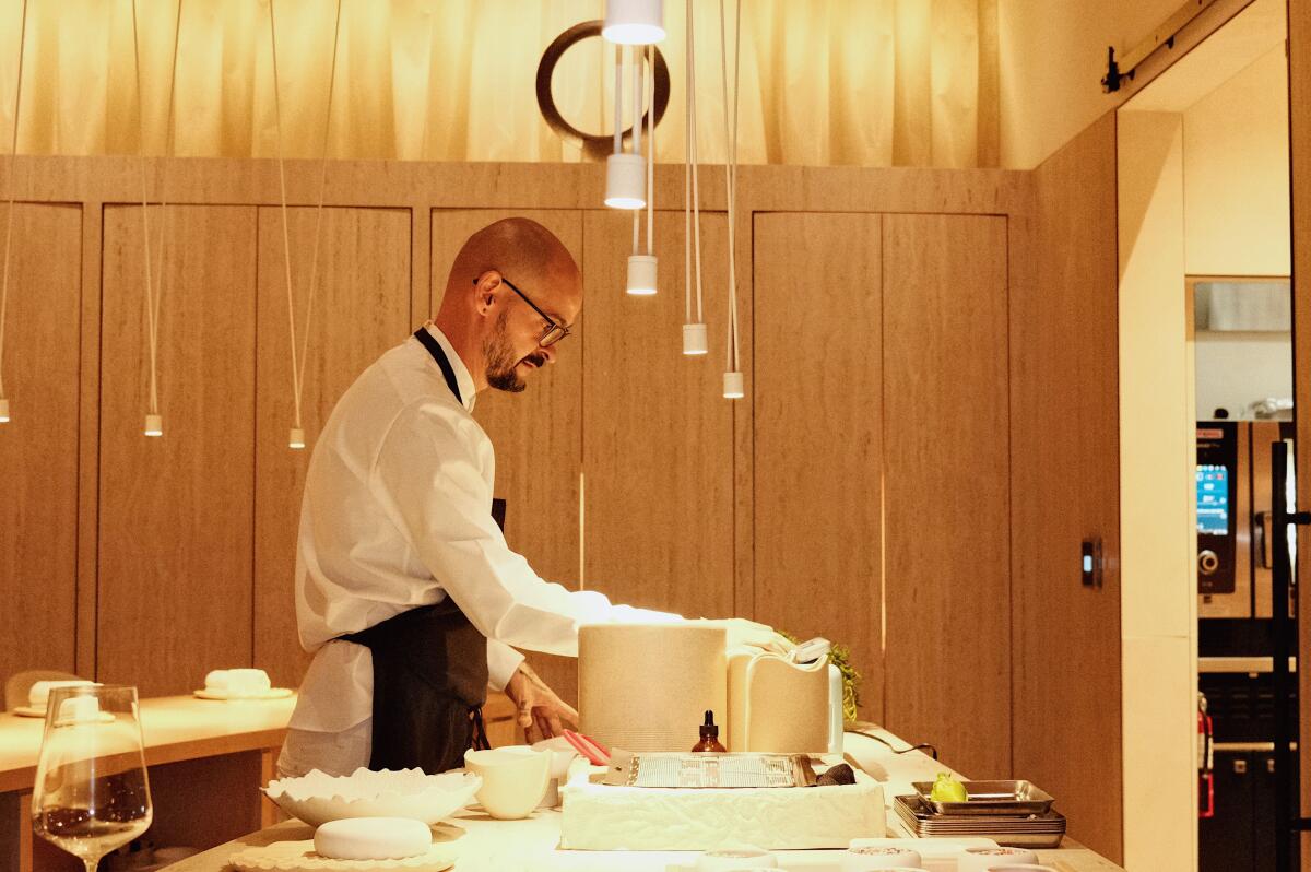 Chef-owner Aitor Zabala at the chef's counter at Somni in West Hollywood, photographed in November 2024.