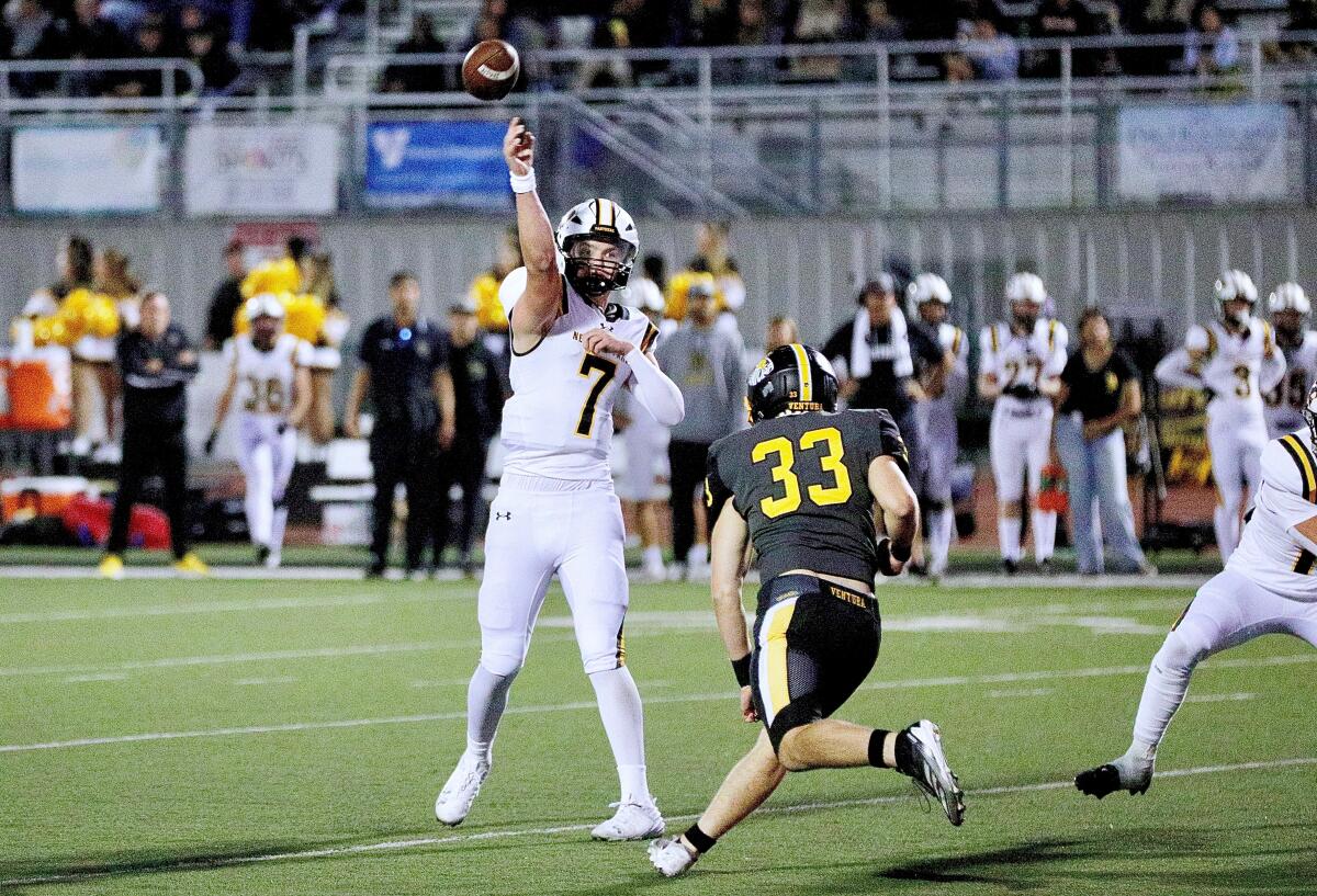 Newbury Park quarterback Brady Smigiel throws a pass during a 43-14 nonleague win over Ventura.