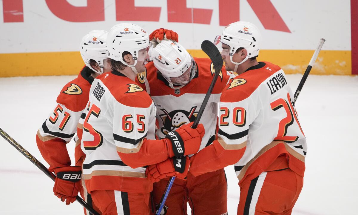 Anaheim Ducks celebrate a goal during the second period of an NHL hockey game.