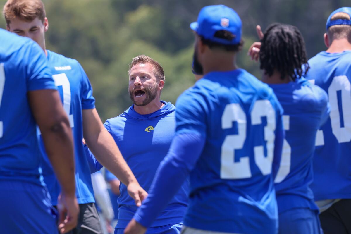 Rams coach Sean McVay talks to the team during a practice.