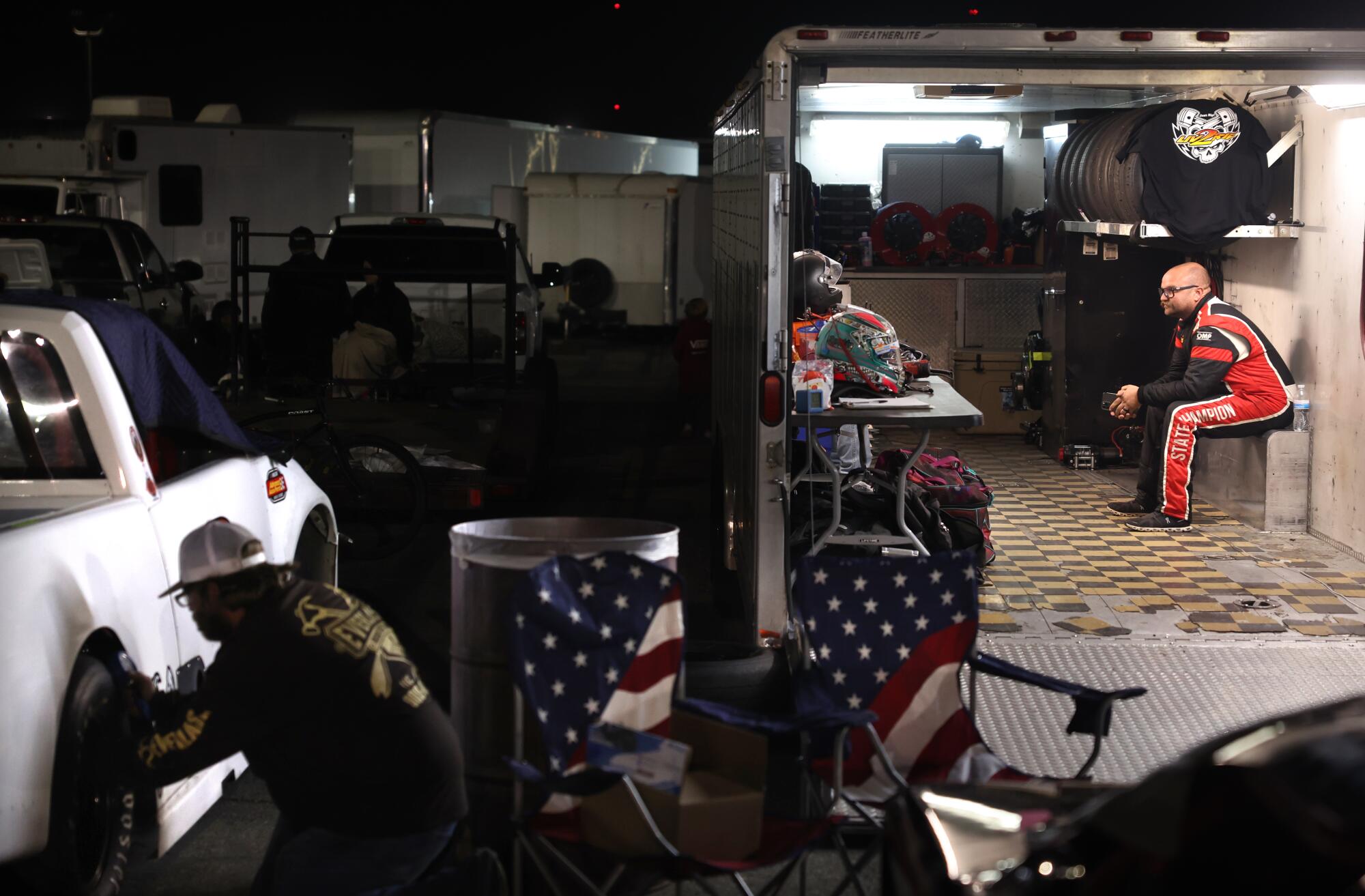 Jefferey Peterson waits to compete on the final day of racing at Irwindale Speedway.