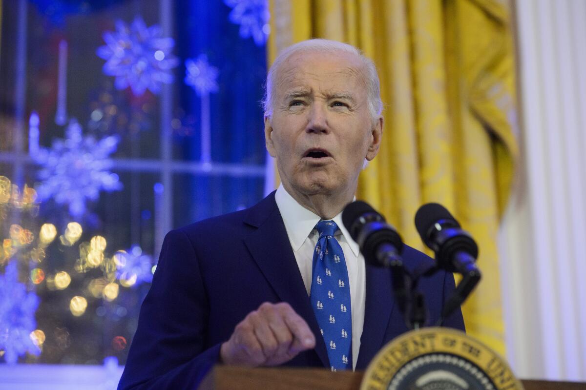 President Biden speaks during a Hanukkah reception at the White House on Dec. 16