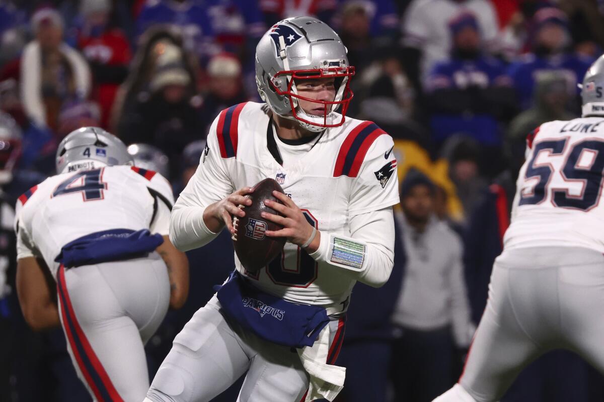 New England Patriots quarterback Drake Maye looks to pass against the Buffalo Bills on Sunday.