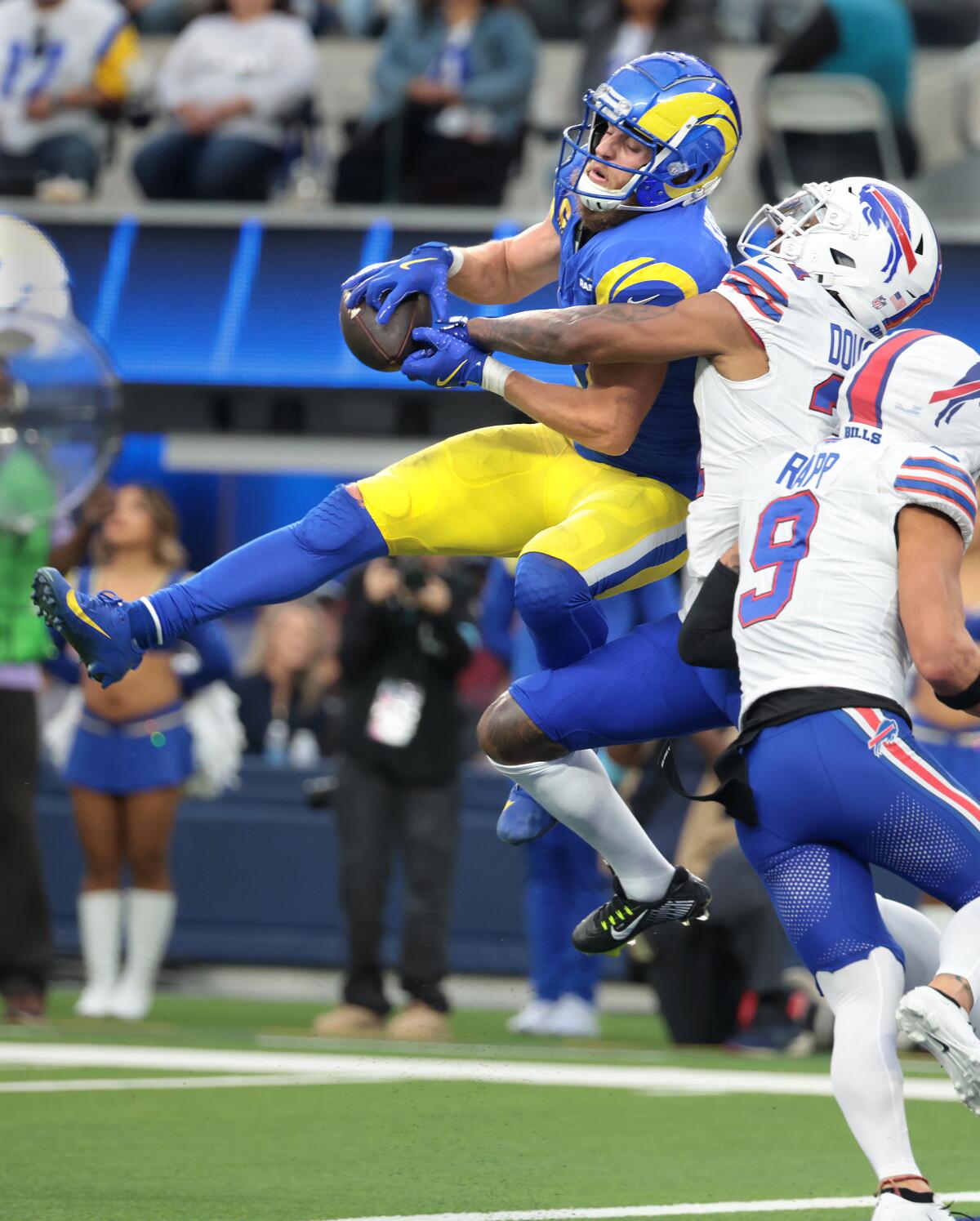 Rams wide receiver Cooper Kupp catches a touchdown pass in front of Bills cornerback Rasul Douglas.