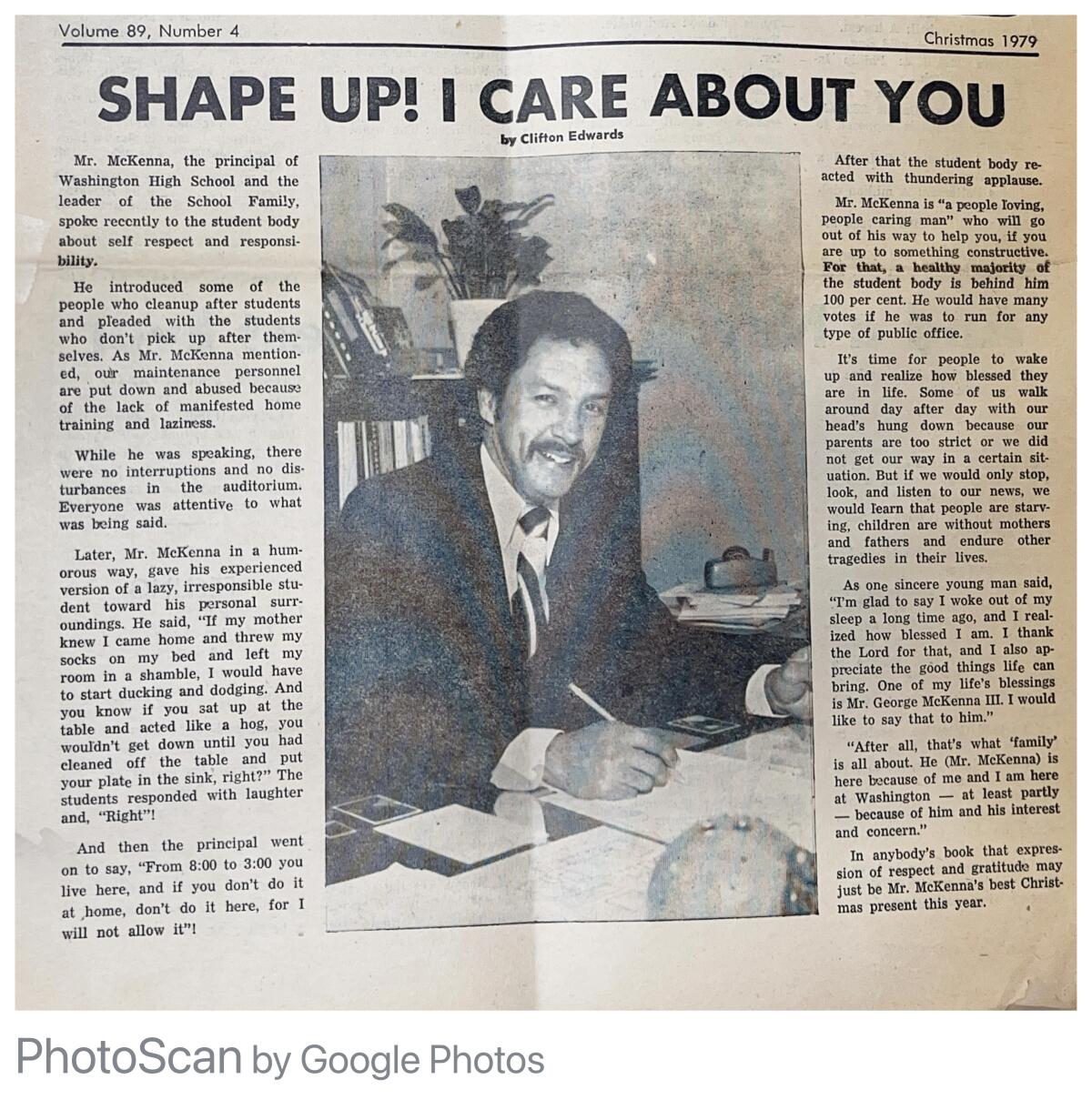 A smiling George McKenna in a Washington High School newspaper clipping.