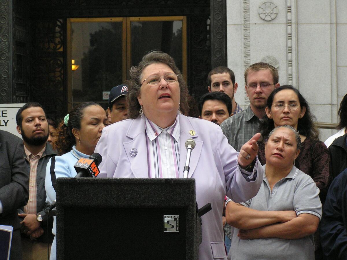 Jackie Goldberg stands in front of supporters outside L.A. City Hall. 