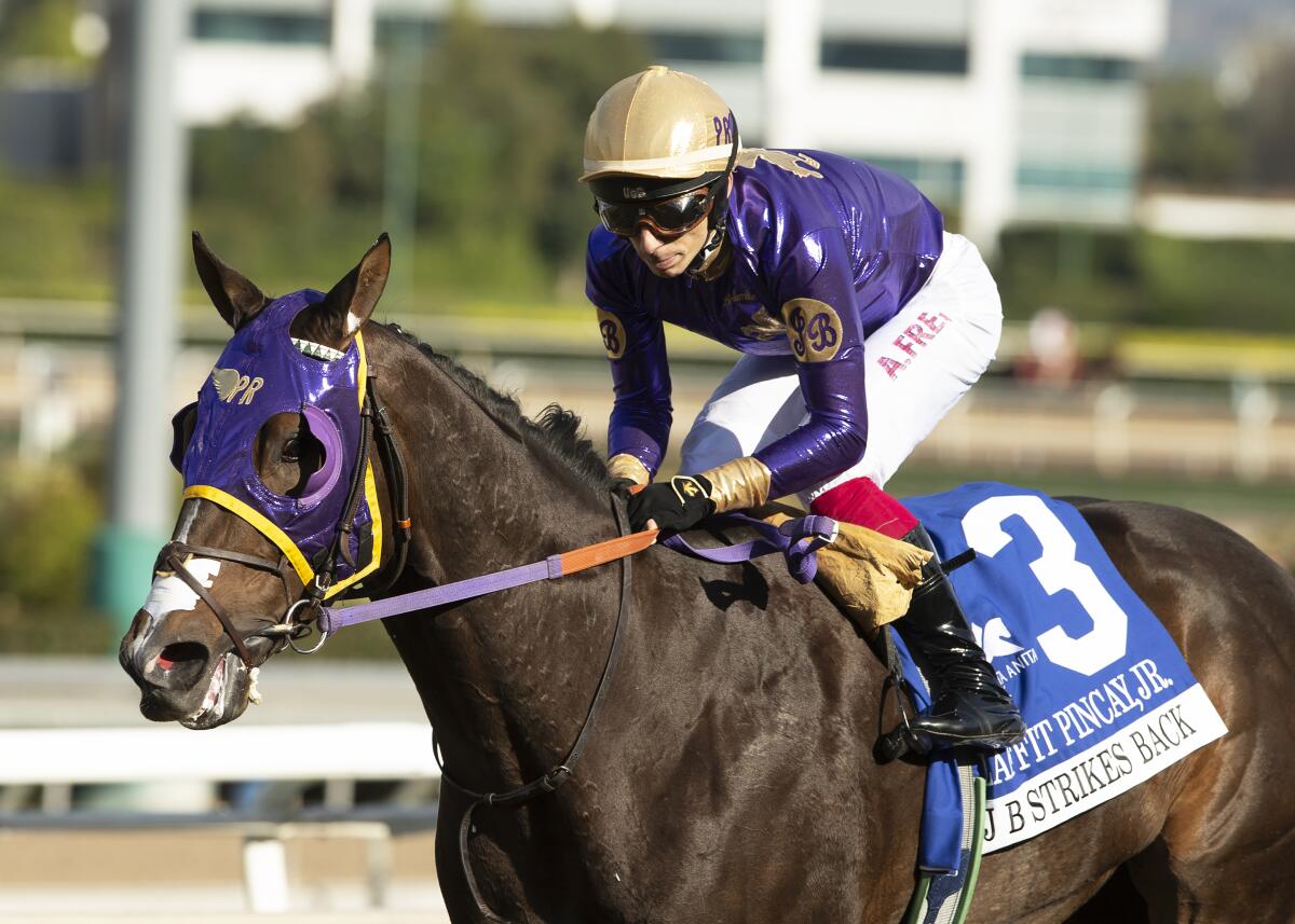 J B Strikes Back, with jockey Antonio Fresu aboard, won the inaugural running of the Laffit Pincay Jr. Stakes.