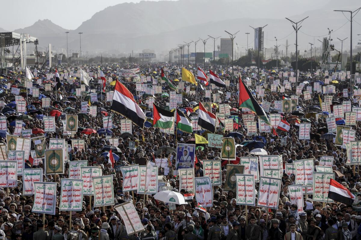 Houthi supporters attend an anti-Israel rally 