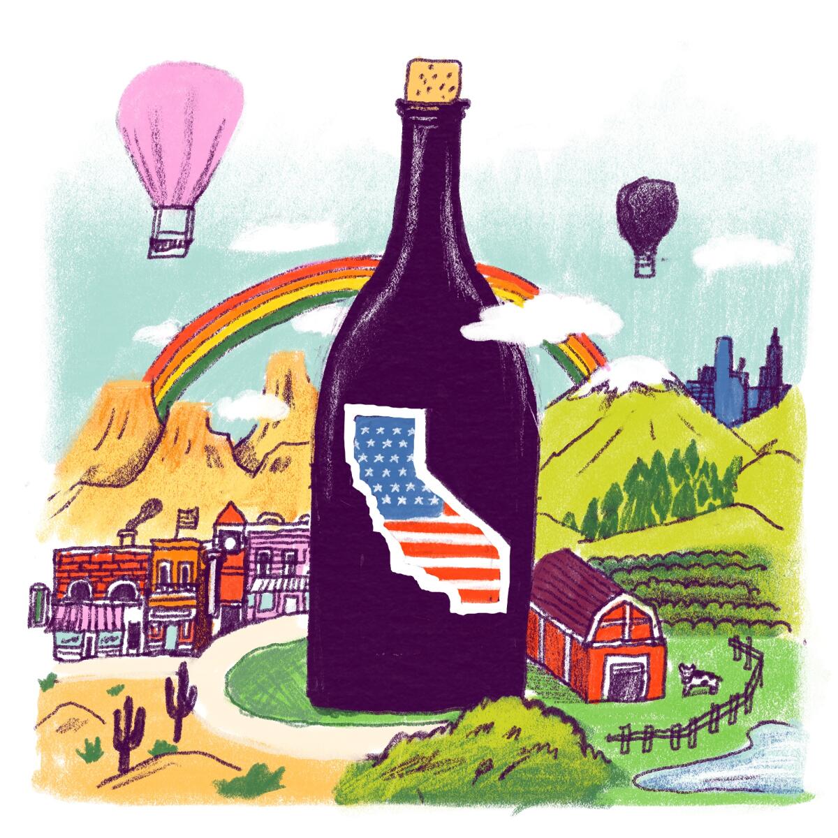 Illustration of a sparkling wine bottle amidst an American landscape