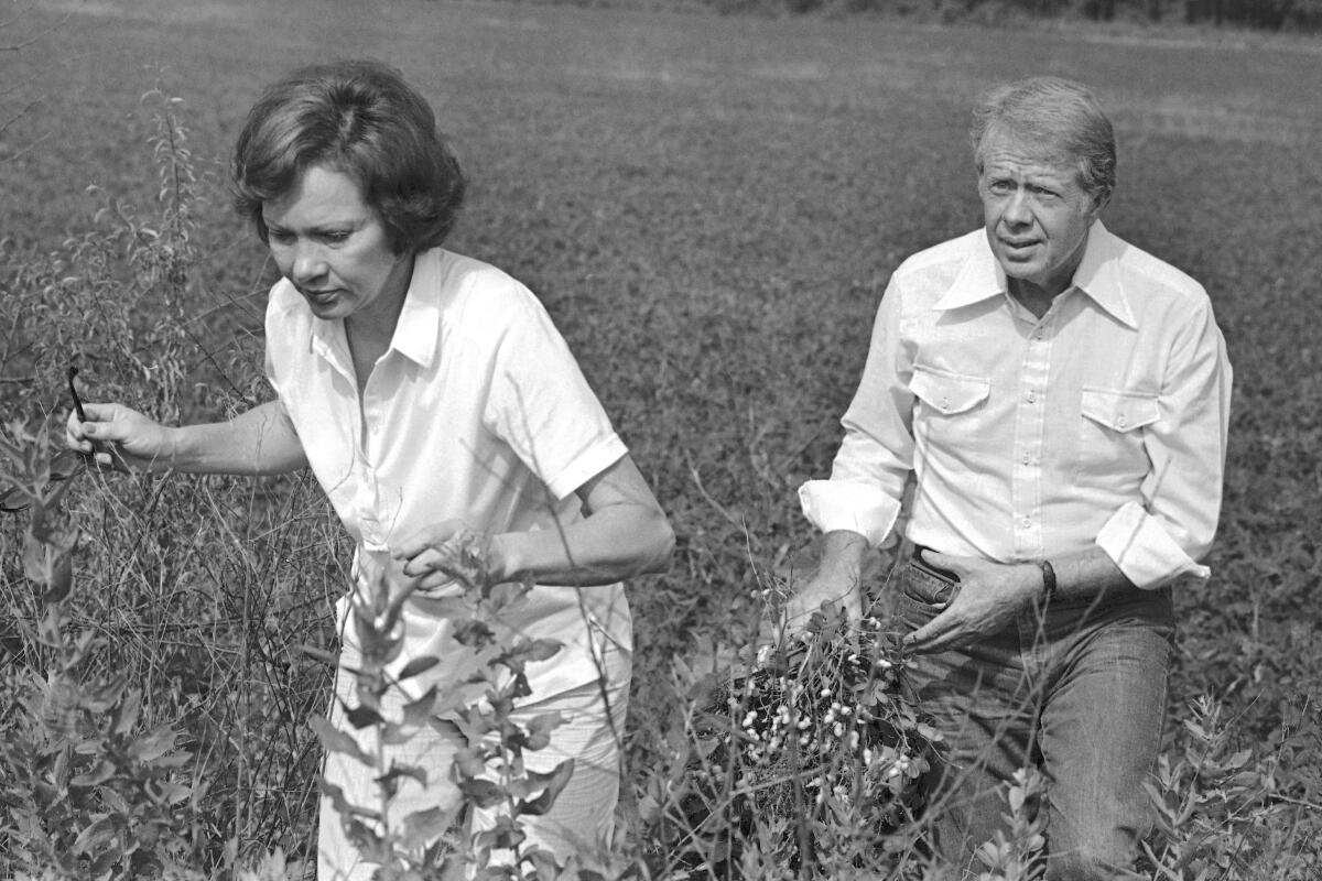 Rosalynn and Jimmy Carter walk through a peanut field.