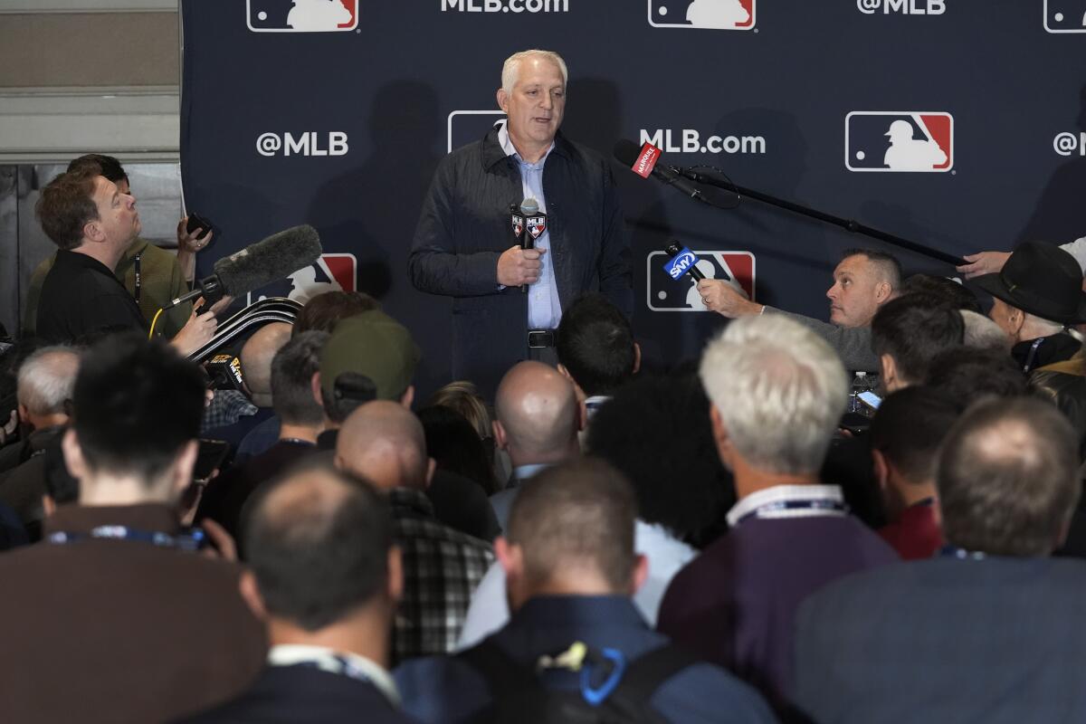 Joel Wolfe, agent for Japanese player Roki Sasaki, speaks to reporters at the MLB winter meetings on Dec. 10.