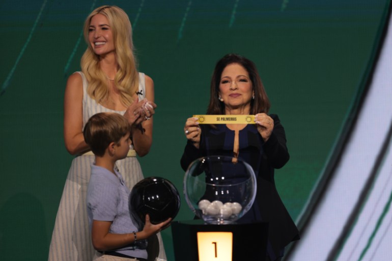 Dec 5, 2024; Miami, FL, USA; Ivanka Trump and her son Theodore with Gloria Estefan draw SE Palmeiras during the 2025 FIFA Club World Cup draw at Telemundo Studios. Mandatory Credit: Sam Navarro-Imagn Images