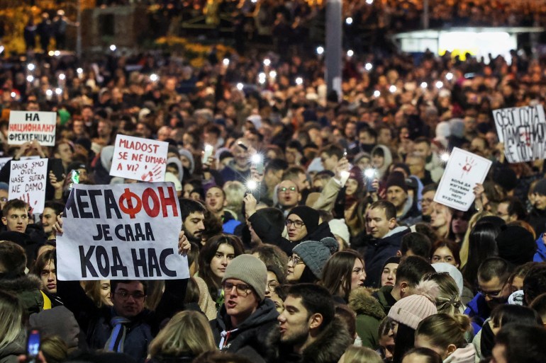 People gather during a protest against government policies, corruption and the negligence which they blame for the deaths of the victims in the Novi Sad railway station disaster