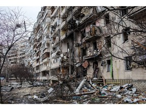 A fire damaged building from Russian artillery strikes in Kyiv in 2022.