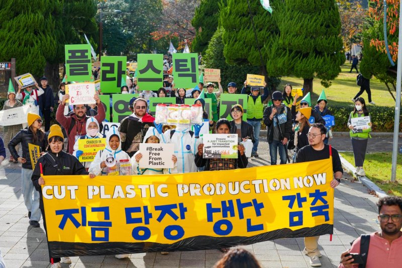 Activists hold a rally in Busan during the International Negotiating Committee on Plastic Pollution, which concluded early Monday without an agreement. Photo by Seunghyeok Choi/ Break Free From Plastic and Uproot Plastics Coalition