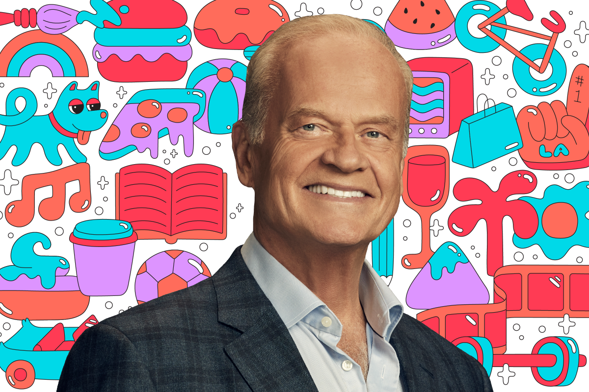 Photo of actor Kelsey Grammer on a background of colorful illustrations like a book, dog, pizza, TV, shopping bag, and more.