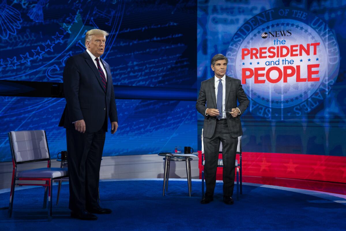 President Trump with ABC News anchor George Stephanopoulos at a town hall in 2020.