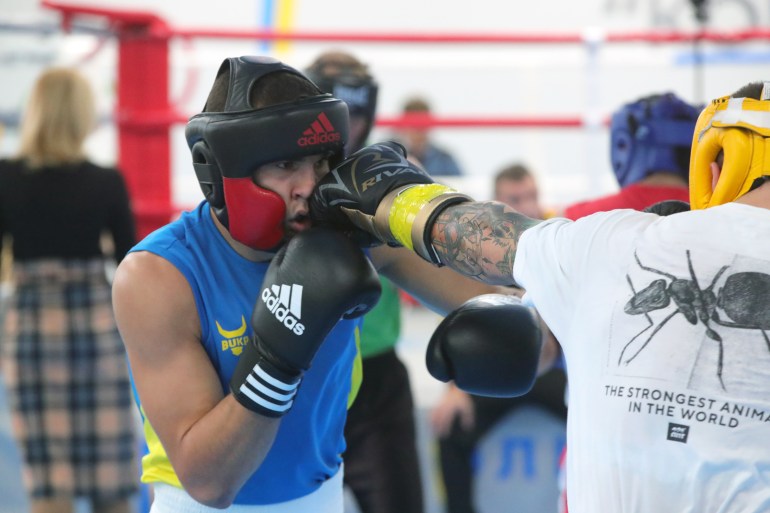 Amateur boxers training.