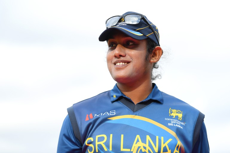 BIRMINGHAM, ENGLAND - AUGUST 02: Chamari Athapaththu of Team Sri Lanka looks on during the toss prior to the Cricket T20 Group B match between Team New Zealand and Team Sri Lanka on day five of the Birmingham 2022 Commonwealth Games at Edgbaston on August 02, 2022 on the Birmingham, England. (Photo by Alex Davidson/Getty Images)