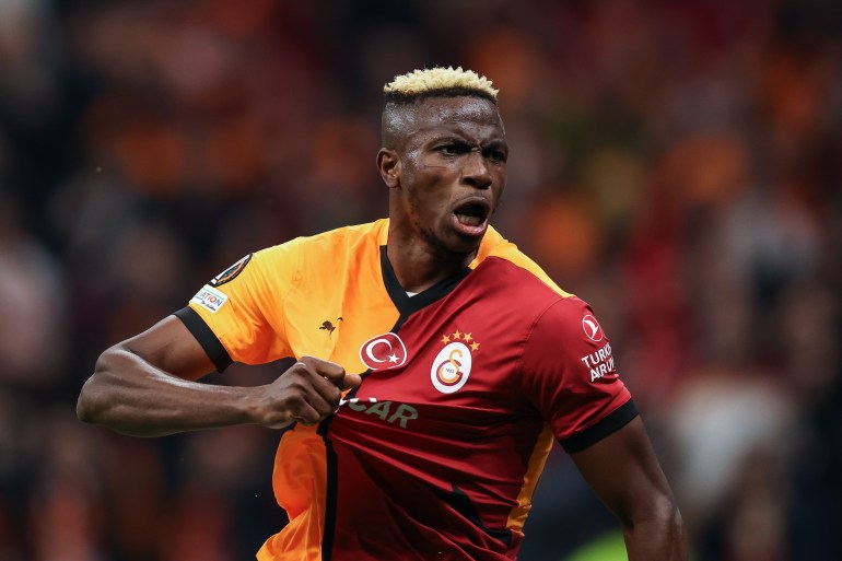 ISTANBUL, TURKEY - NOVEMBER 7: Victor Osimhen of Galatasaray celebrates after scoring his team's second goal during the UEFA Europa League 2024/25 League Phase MD4 match between Galatasaray A.S. and Tottenham Hotspur at Rams Park on November 7, 2024 in Istanbul, Turkey. (Photo by Ahmad Mora/Getty Images)