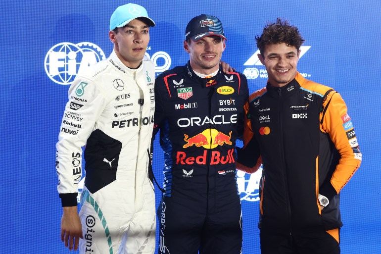 George Russell of Mercedes, Max Verstappen of Red Bull Racing and Lando Norris of McLaren after qualifying ahead of the Formula 1 Grand Prix of Qatar at Lusail International Circuit in Lusail, Qatar on November 30, 2024. (Photo by Jakub Porzycki/NurPhoto via Getty Images)