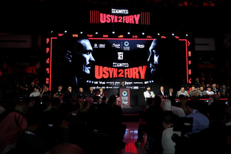 RIYADH, SAUDI ARABIA - DECEMBER 19: General view of the fighters on stage during a press conference as part of Oleksandr Usyk v Tyson Fury 2 at Via Riyadh on December 19, 2024 in Riyadh, Saudi Arabia. (Photo by Richard Pelham/Getty Images)