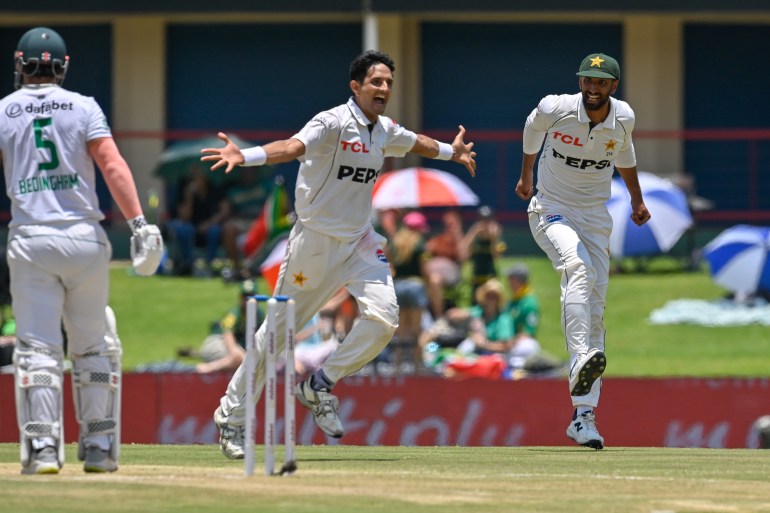 CENTURION, SOUTH AFRICA - DECEMBER 29: Mohammad Abbas of Pakistan celebrates as he gets the wicket of David Bedingham of South Africa during day 4 of the 1st Test match between South Africa and Pakistan at SuperSport Park on December 29, 2024 in Centurion, South Africa. (Photo by Christiaan Kotze/Gallo Images)