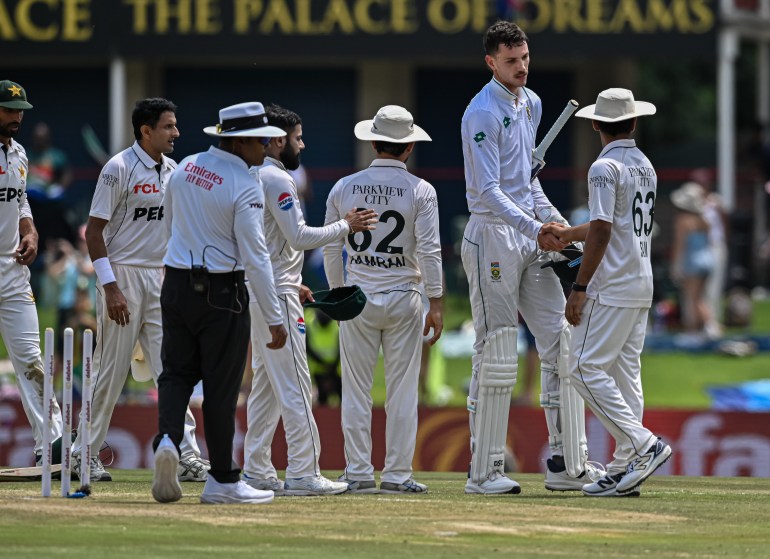 CENTURION, SOUTH AFRICA - DECEMBER 29: Team Pakistan congratulates Marco Jansen of South Africa after South Africa wins the match during day 4 of the 1st Test match between South Africa and Pakistan at SuperSport Park on December 29, 2024 in Centurion, South Africa. (Photo by Christiaan Kotze/Gallo Images)