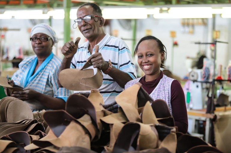 Workers make Veldskoen shoes at the Hopewell factory