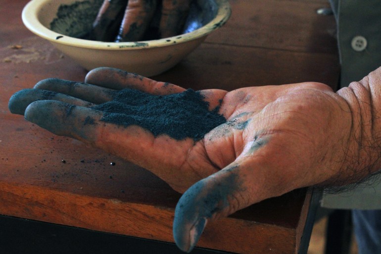 Luis May Ku, 49, holds the finished powdered product of Maya Blue pigment in his home in Dzan, Yucatán, Mexico, on 9 September, 2024_-1731948304