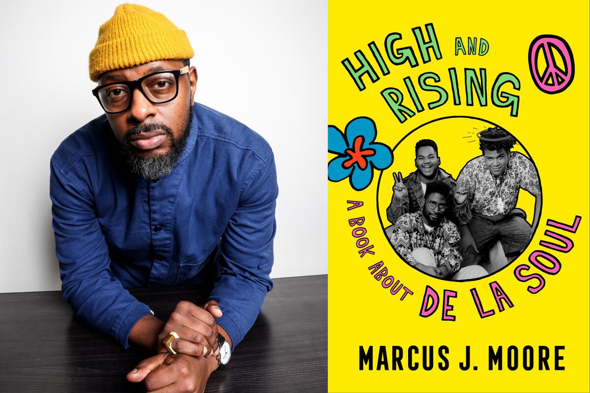 Author Marcus J. Moore and the jacket cover of "High and Rising: A Book About De La Soul."