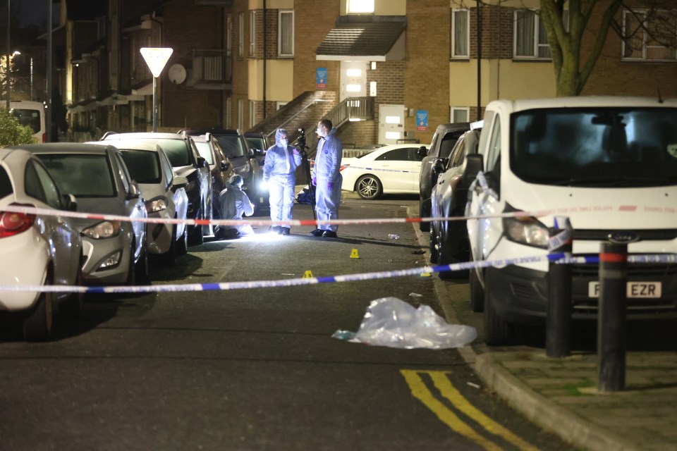 Forensics officers at the scene in Harlesden