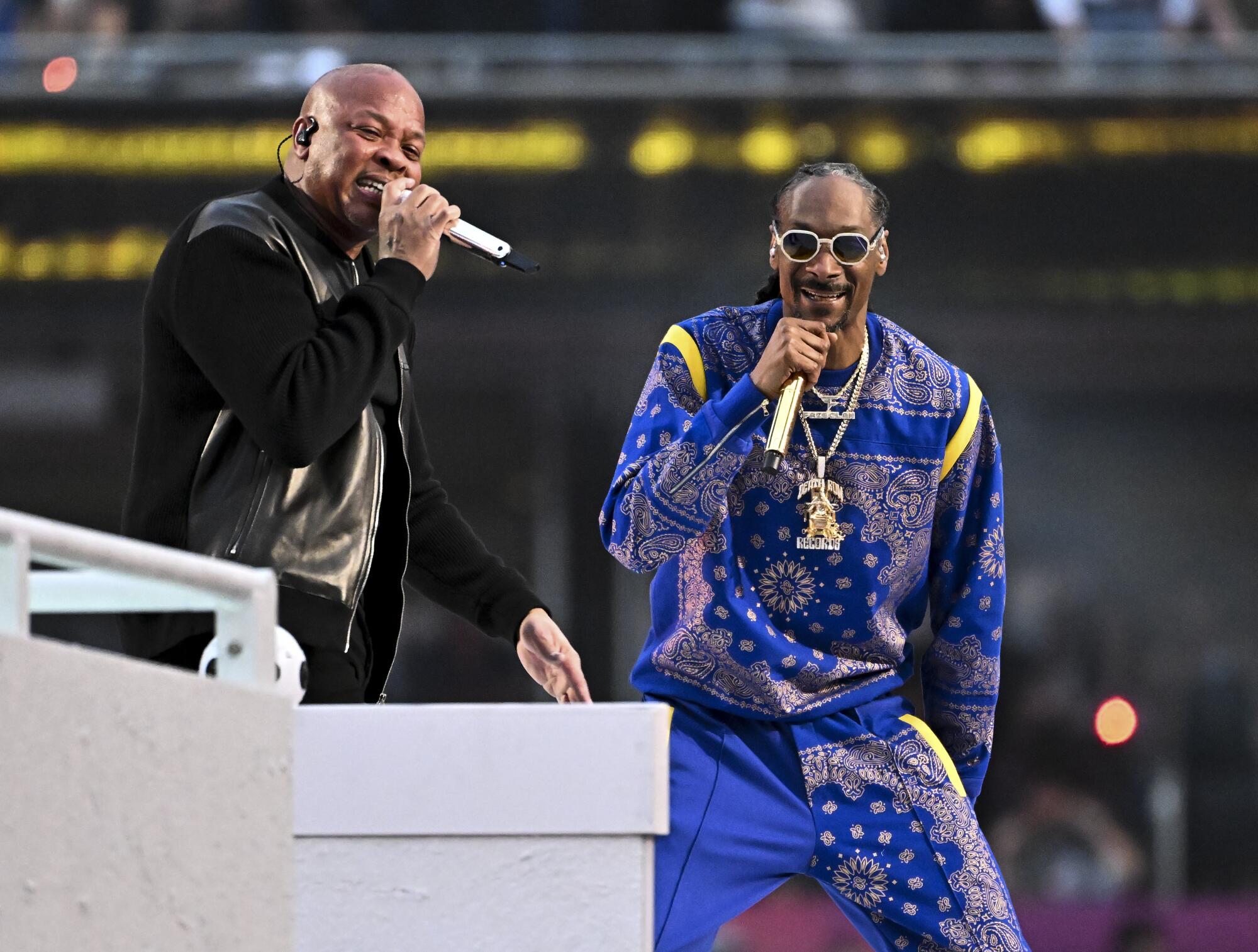 Dr. Dre and Snoop Dogg perform during halftime in Super Bowl LVI at SoFi Stadium on Sunday, Feb. 13 2022 in Inglewood, CA. 