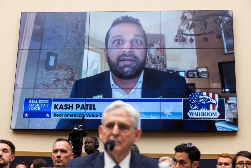 Kash Patel, a loyal supporter of President-elect Donald Trump, is seen on a monitor behind Attorney General Merrick Garland as Garland testifies before the Republican controlled House Judiciary Committee in Washington on June 4. Trump nominated Patel as FBI director on Saturday. File Photo by Jim Lo Scalzo/EPA-EFE