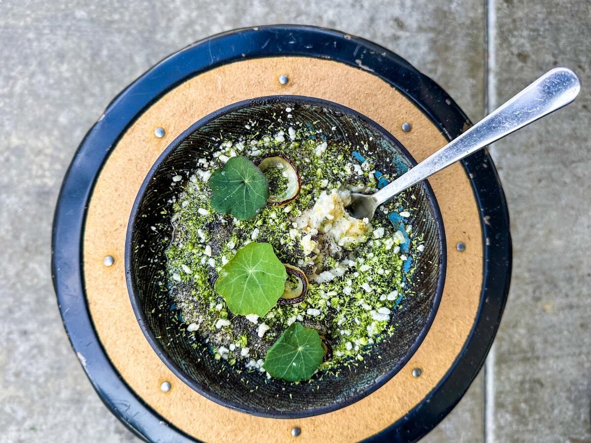 Koshihikari rice porridge with caramelized broccoli (among many other ingredients) at Destroyer in Culver City.