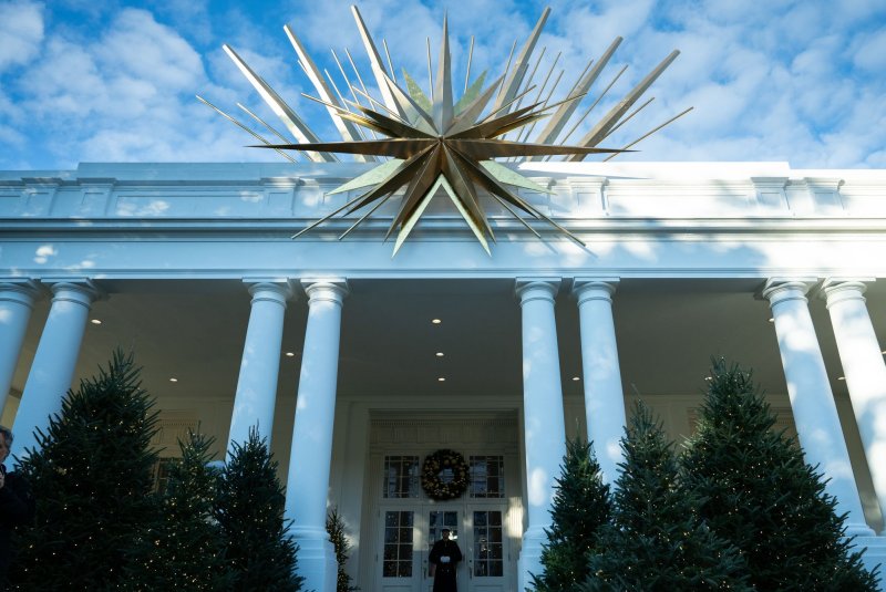 First Lady Jill Biden officially unveiled the seasonal holiday decorations at the White House on Monday, doing so once again alongside members of the U.S. National Guard and their families. Photo by Annabelle Gordon/UPI