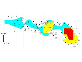 Drilling completed at the Black Butte Project from mid-December 2023 to December 2024. Black diamonds show pierce points in Johnny Lee Lower Copper Zone. Assay results are light brown for high grade and blue for low grade. Colored areas show Measured (red), Indicated (yellow), and Inferred (blue) resource areas from the 2020 Technical Report.